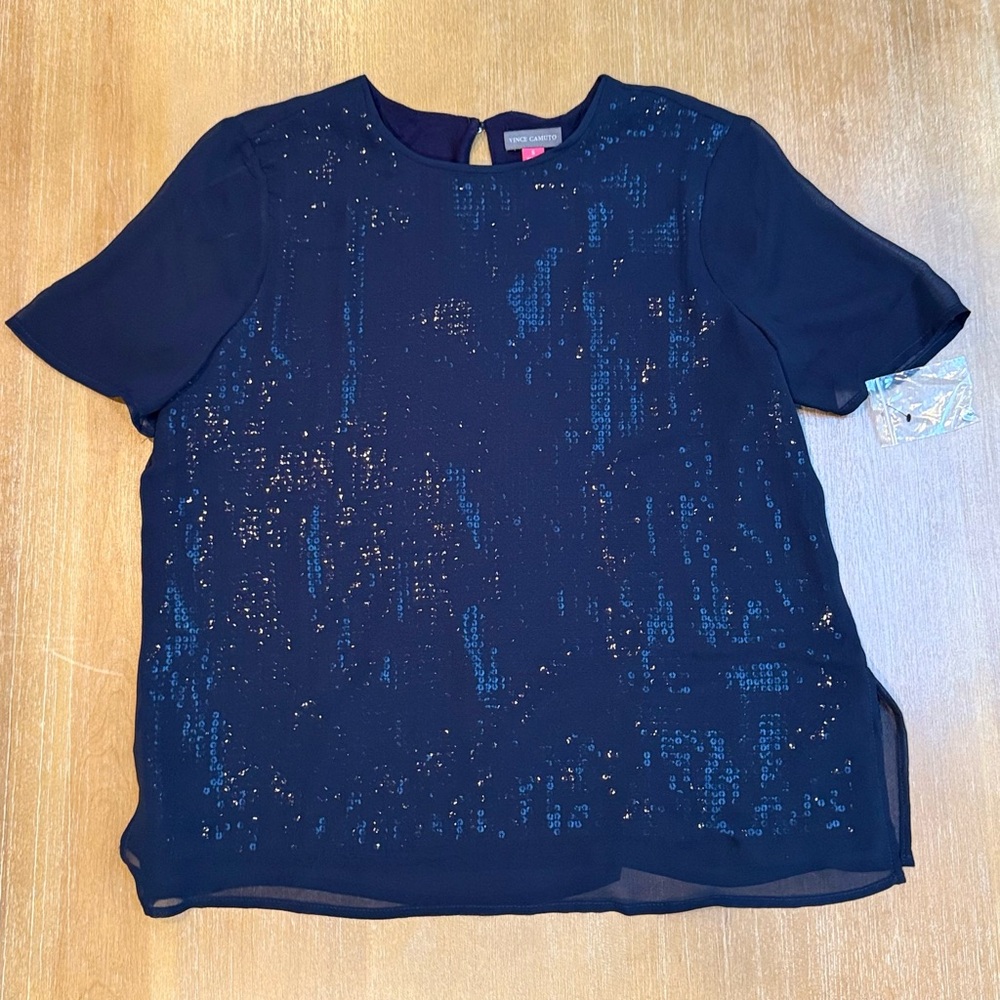 NWT Vince Camuto Sequin Short Sleeve Women’s Chiffon Overlay Navy Blue Size S